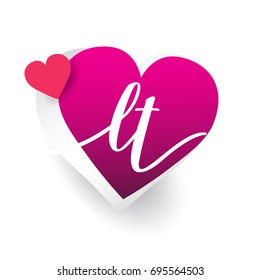 initial logo letter LT with heart shape red colored, logo design for wedding invitation, wedding name and business name.