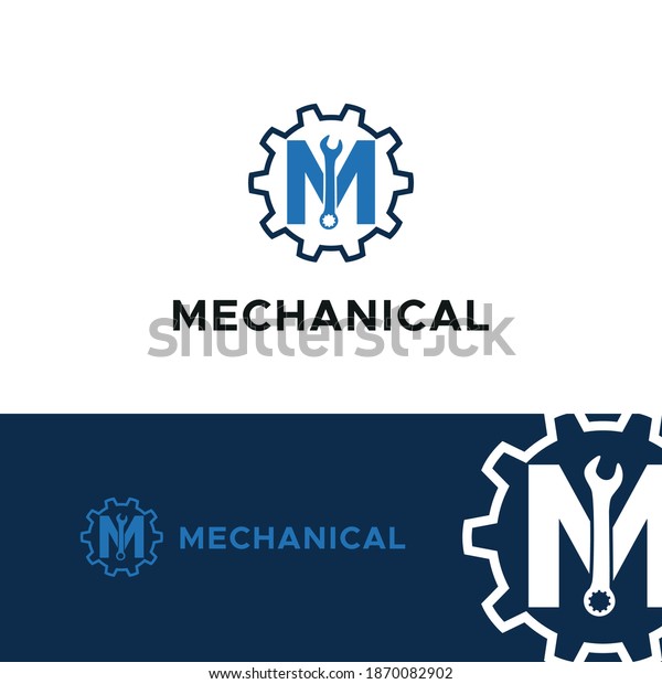 Initial logo with\
Letter M Wrench and Gear Icon vector for mechanic, setting, repair,\
and service company