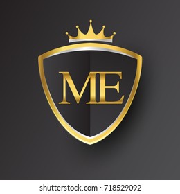Initial logo letter ME with shield and crown Icon golden color isolated on black background, logotype design for company identity.