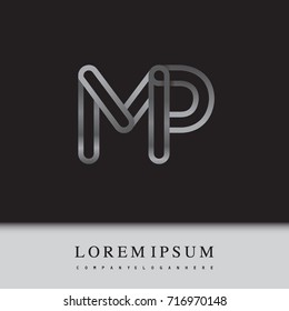 initial logo letter MP, linked outline silver colored, rounded logotype