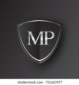 Initial logo letter MP with shield Icon silver color isolated on black background, logotype design for company identity.