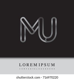 initial logo letter MU, linked outline silver colored, rounded logotype