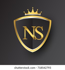 Initial logo letter NS with shield and crown Icon golden color isolated on black background, logotype design for company identity.