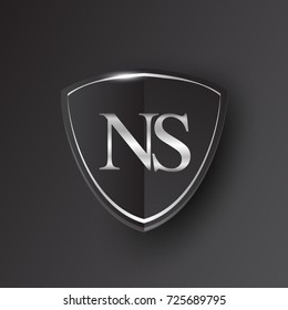 Initial logo letter NS with shield Icon silver color isolated on black background, logotype design for company identity.