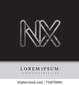 initial logo letter NX, linked outline silver colored, rounded logotype.