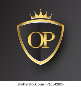 Initial logo letter OP with shield and crown Icon golden color isolated on black background, logotype design for company identity.