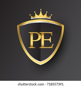 Initial logo letter PE with shield and crown Icon golden color isolated on black background, logotype design for company identity.