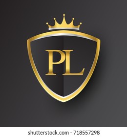 Initial logo letter PL with shield and crown Icon golden color isolated on black background, logotype design for company identity.