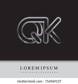 initial logo letter QK, linked outline silver colored, rounded logotype.