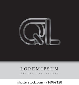 initial logo letter QL, linked outline silver colored, rounded logotype.