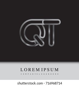 initial logo letter QT, linked outline silver colored, rounded logotype.
