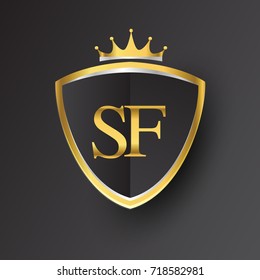 Initial logo letter SF with shield and crown Icon golden color isolated on black background, logotype design for company identity.