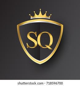 Initial logo letter SQ with shield and crown Icon golden color isolated on black background, logotype design for company identity.