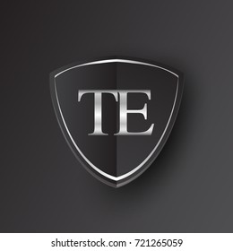 Initial logo letter TE with shield Icon silver color isolated on black background, logotype design for company identity.