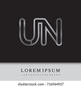 initial logo letter UN, linked outline silver colored, rounded logotype