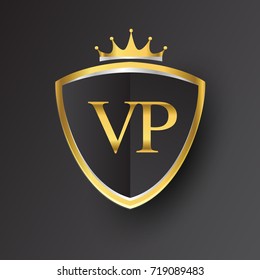Initial logo letter VP with shield and crown Icon golden color isolated on black background, logotype design for company identity.