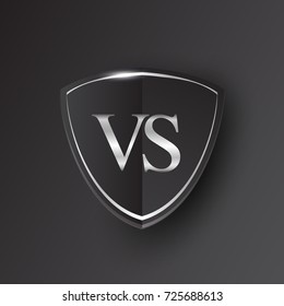 Initial logo letter VS with shield Icon silver color isolated on black background, logotype design for company identity.