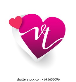 initial logo letter VT with heart shape red colored, logo design for wedding invitation, wedding name and business name.