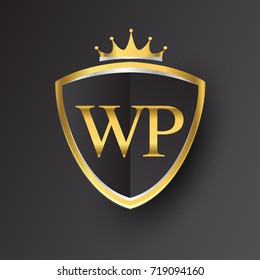 Initial logo letter WP with shield and crown Icon golden color isolated on black background, logotype design for company identity.