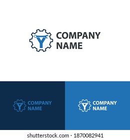 Logotipo inicial con llave de letra Y e icono de engranaje vectorial para mecánica, ajuste, reparación y compañía de servicios