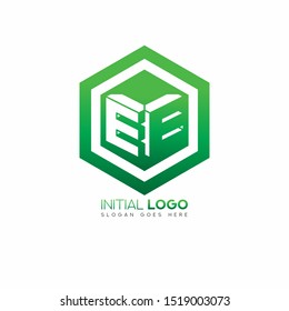 Initial logo negative space alphabet EE 3d green cube 