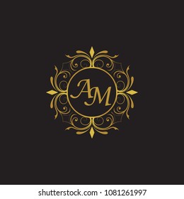 AM Initial logo. Ornament ampersand monogram golden logo black background