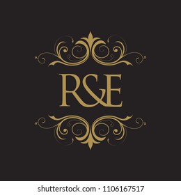 RE Initial logo. Ornament ampersand monogram golden logo black background