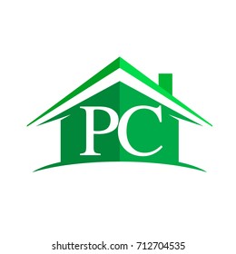initial logo PC with house icon and green color, business logo and property developer.