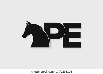 Initial logo PE letter with stallion head. The combination of letters P and E is black