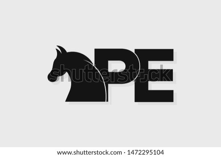 Initial logo PE letter with stallion head. The combination of letters P and E is black