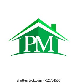 initial logo PM with house icon and green color, business logo and property developer.