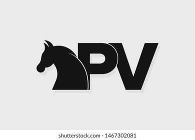 Initial logo PV letter with stallion head. The combination of letters P and V is black