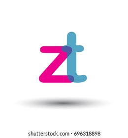 initial logo ZT lowercase letter, blue and pink overlap transparent logo, modern and simple logo design.