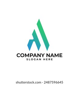 The AM initial logomark in sharp edge and upward arrow and blue green gradient in modern minimalist and technology style