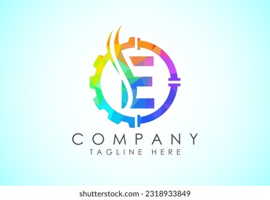 Initial low poly alphabet with gear pipe and flame. Oil and gas logo concept