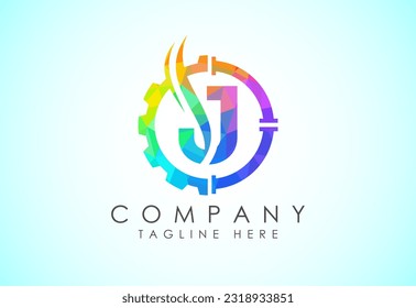 Initial low poly alphabet with gear pipe and flame. Oil and gas logo concept