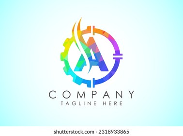 Initial low poly alphabet with gear pipe and flame. Oil and gas logo concept