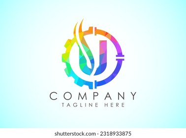Initial low poly alphabet with gear pipe and flame. Oil and gas logo concept