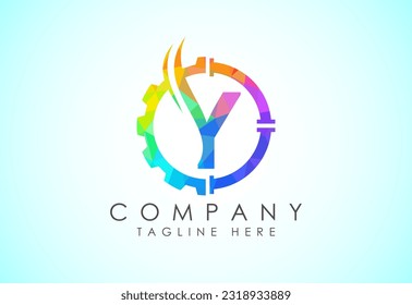 Initial low poly alphabet with gear pipe and flame. Oil and gas logo concept