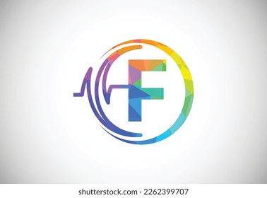 Alfabeto inicial de poli bajo F con pulso de salud. Diseño del logotipo Heartbeat. Logo para negocios médicos o de salud