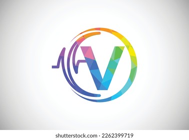 Initial low poly V alphabet with health pulse. Heartbeat logo design. Logo for medical or health business