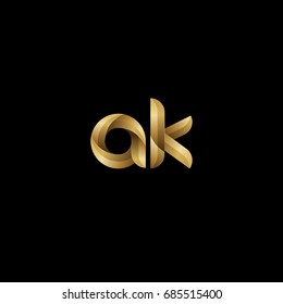 Initial lowercase letter ak, curve rounded logo, gradient glossy gold color on black background