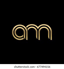 Initial lowercase letter am, linked outline rounded logo, elegant golden color on black background