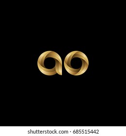 Initial lowercase letter ao, curve rounded logo, gradient glossy gold color on black background