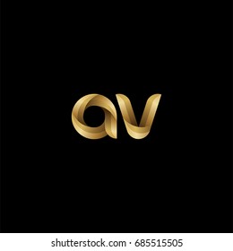 Initial lowercase letter av, curve rounded logo, gradient glossy gold color on black background