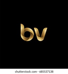 Initial lowercase letter bv, curve rounded logo, gradient glossy gold color on black background
