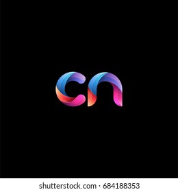 Initial lowercase letter cn, curve rounded logo, gradient vibrant colorful glossy colors on black background