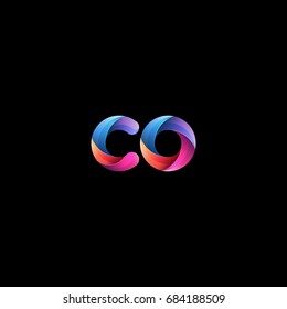 Initial lowercase letter co, curve rounded logo, gradient vibrant colorful glossy colors on black background