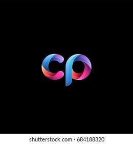 Initial lowercase letter cp, curve rounded logo, gradient vibrant colorful glossy colors on black background