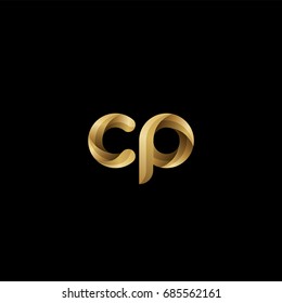 Initial lowercase letter cp, curve rounded logo, gradient glossy gold color on black background